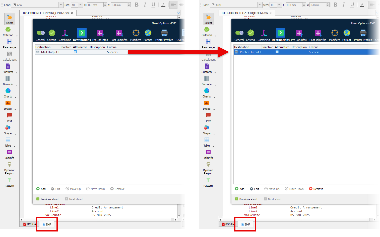 Side-by-side screenshots of the Sheet Options window for a form showing a change of destination for the EMF sheet.